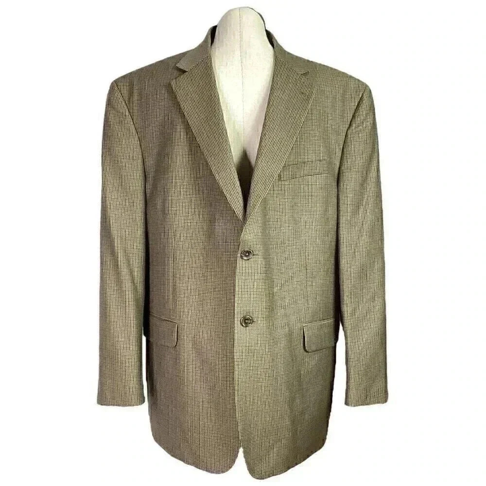 Stafford Men 48R Houndstooth 2 Button Wool Blend Blazer Jacket Kahki Brown Gray